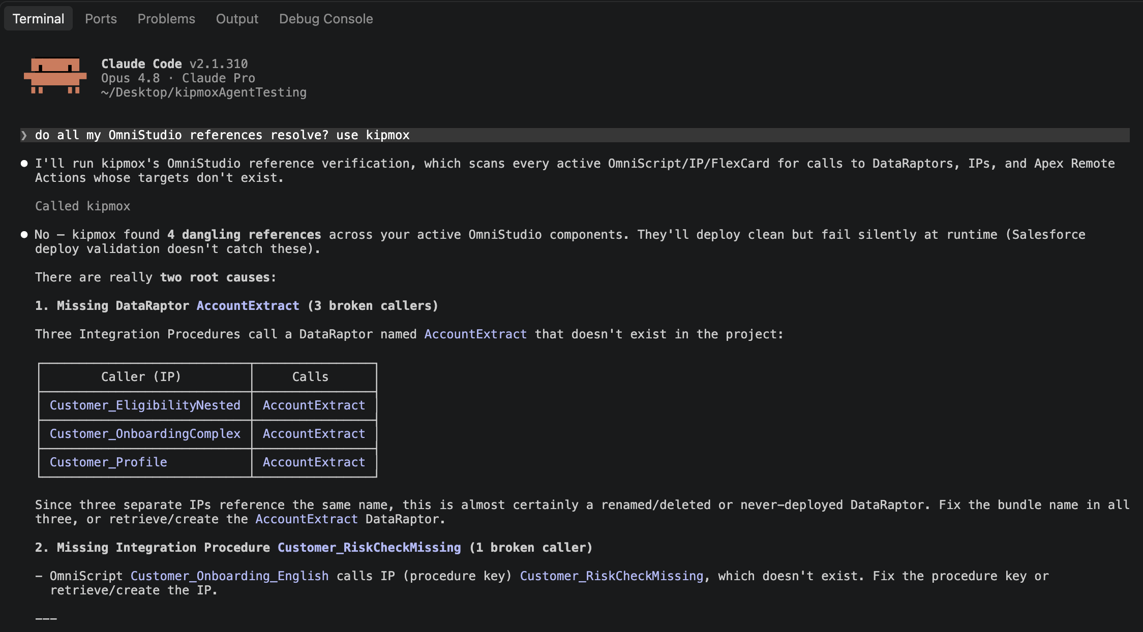 kipmox verify_omni_references in an AI coding agent: one renamed DataRaptor silently broke three Integration Procedures, shown in a table.